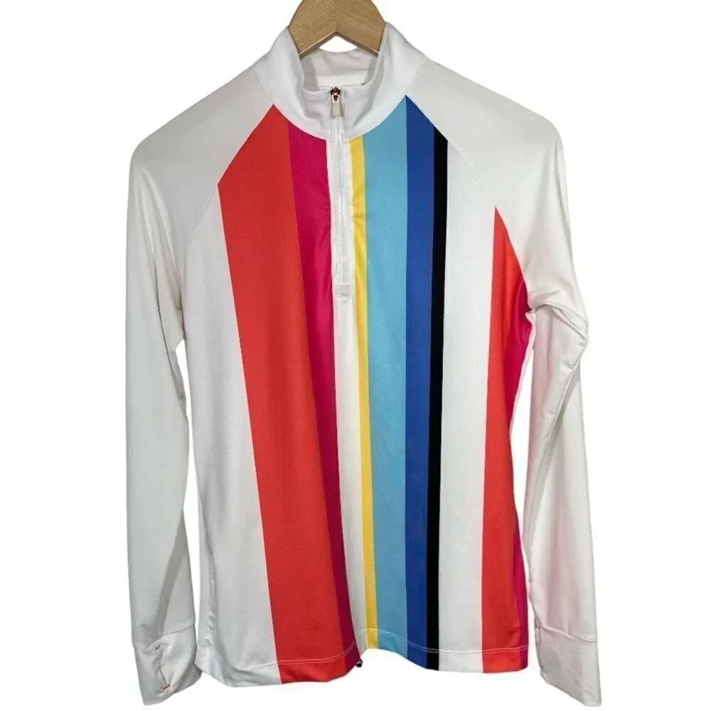EP NEW YORK Women's Shangri La Long Sleeve Vertical Stripe Polo Top White Small